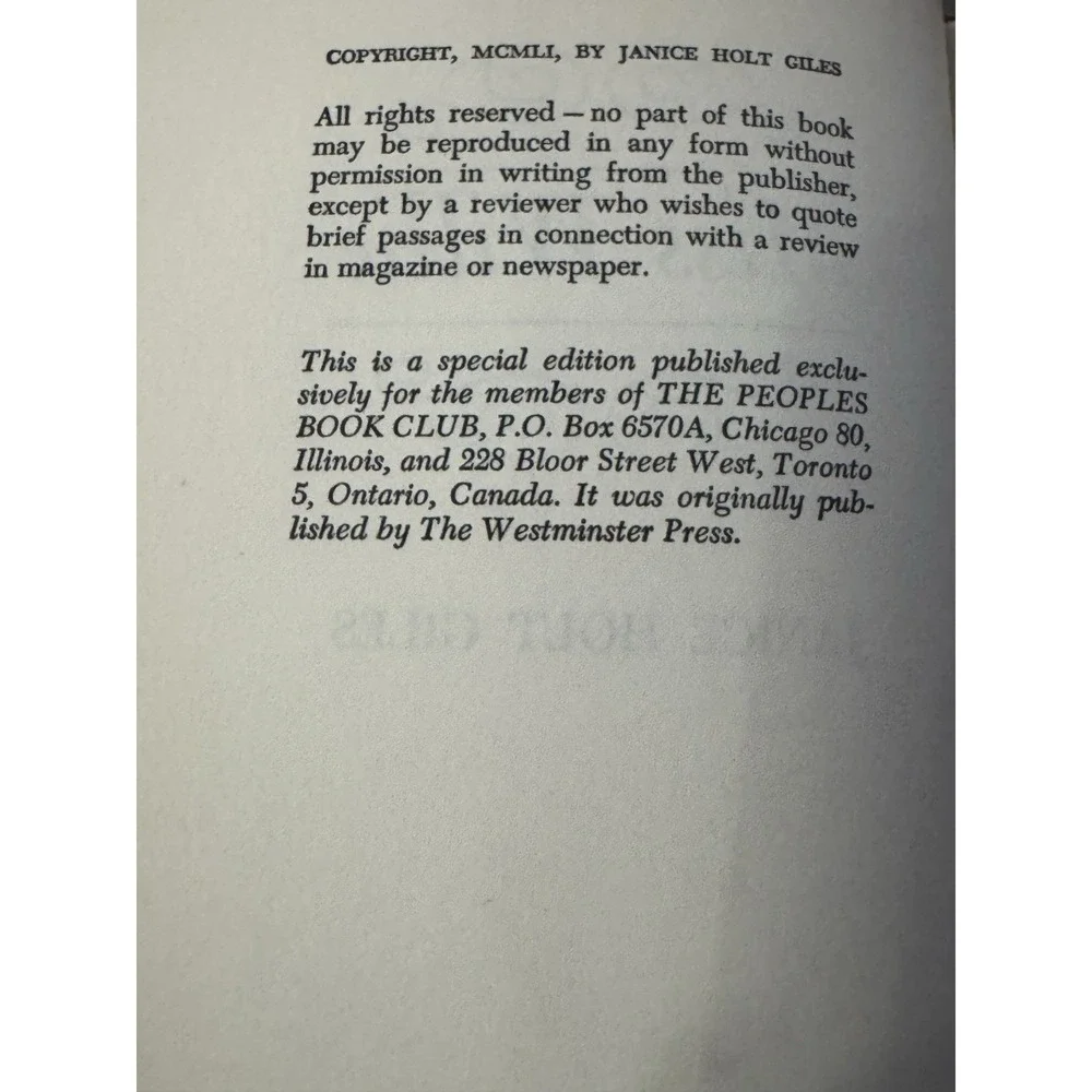 Miss‎ Willie, 1951 Janice Hold Giles, Vtg Hardcover Fiction Book Club Edition